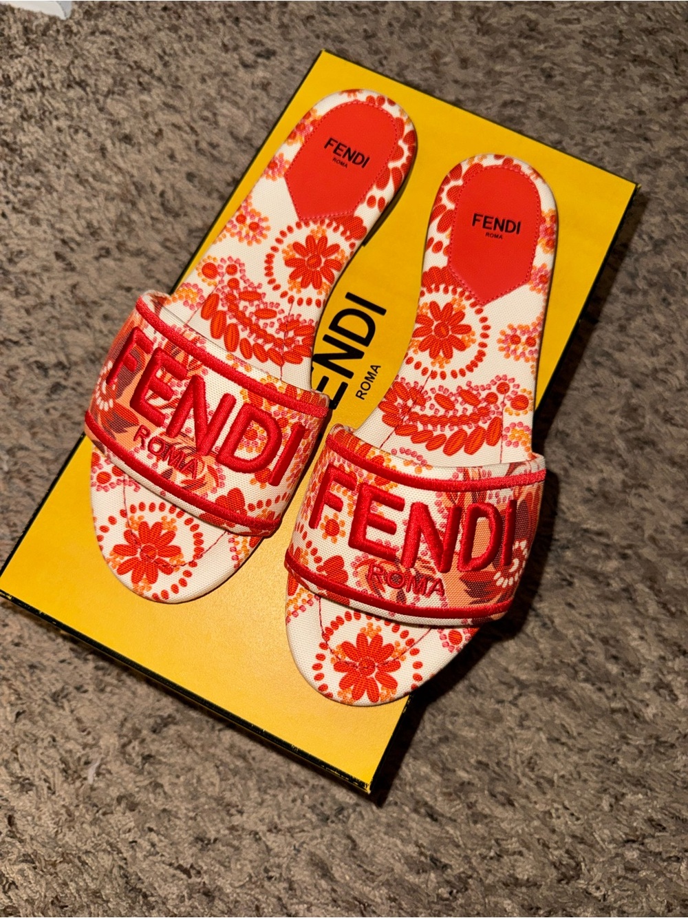 Fendi Red & White Floral Logo Slide Sandals